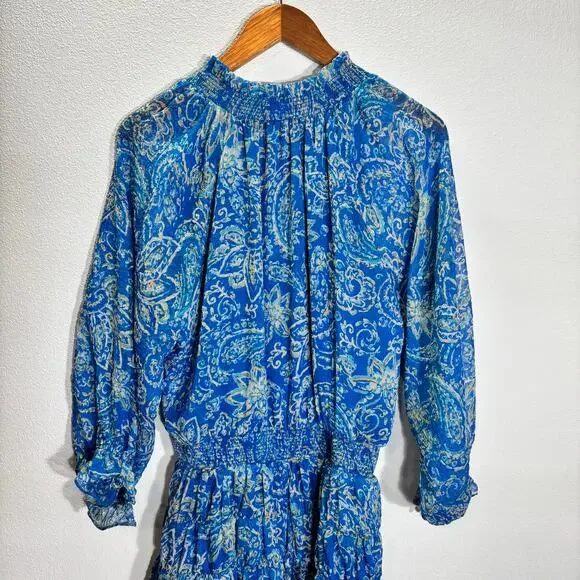 Fate Blue Paisley Smocked Waist Mini Dress Long Sleeve Boho Size L - Picture 3 of 4